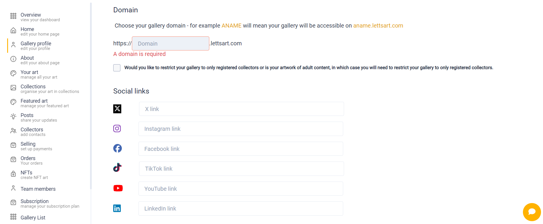 9. Promote Your Gallery on Social Media — LettsArt interface